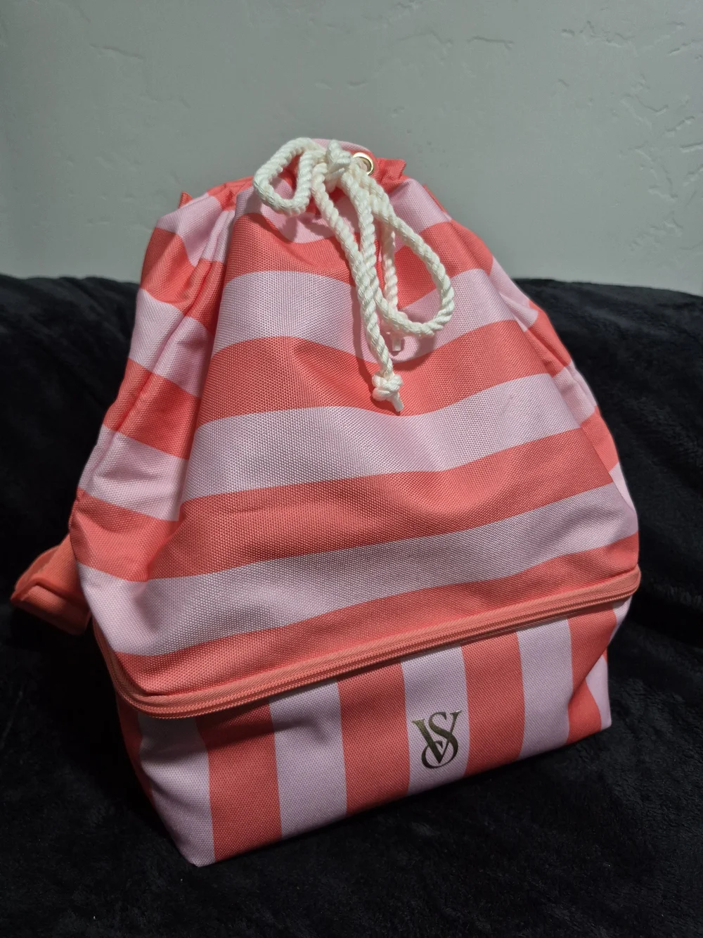 Victoria's Secret Coral and Pink Striped Drawstring Cooler/Backpack